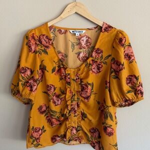 Walter Baker Mustard Yellow Floral Ruffle Puff Sleeve V-Neck Blouse Top Size M